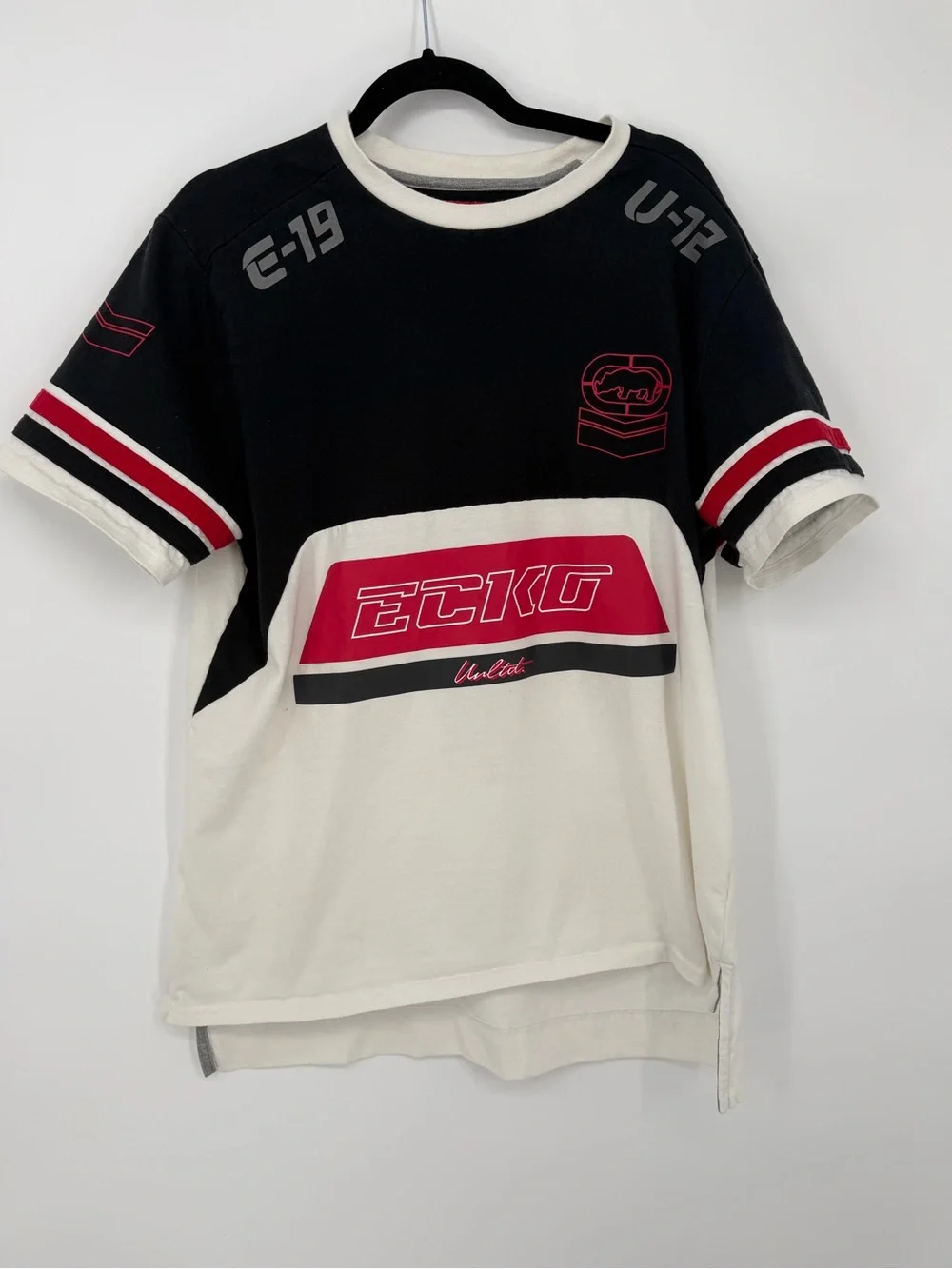 Ecko Unltd. Racing Black White & Red Colorblock Graphic Tee - large